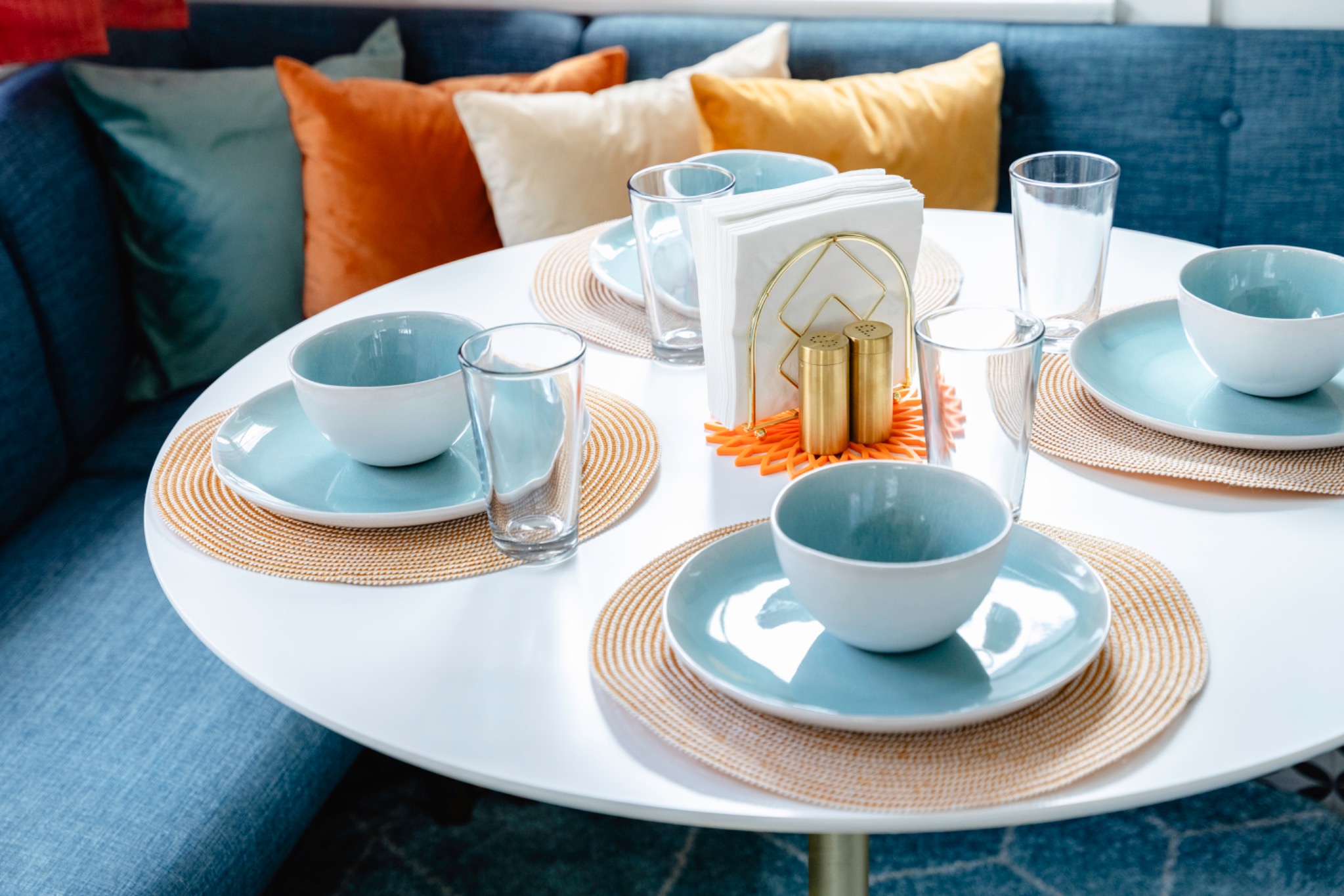 Banquette table set for four
