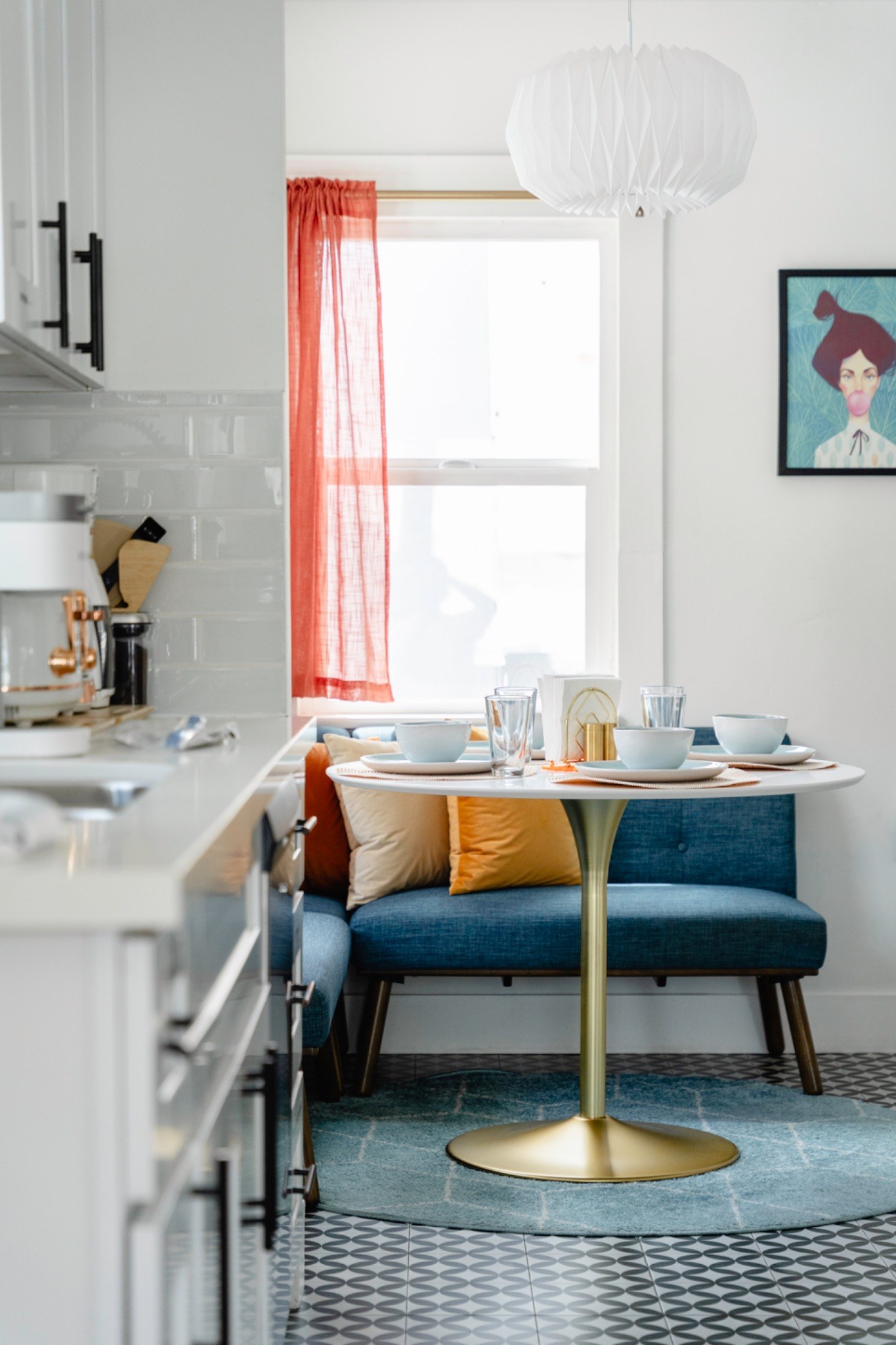 Side angle of the Birdhouse banquette and kitchen