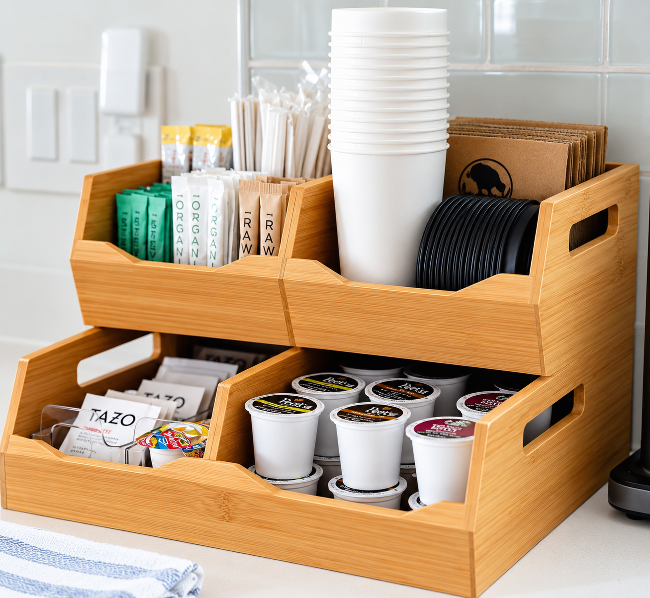 Organized Birdhouse coffee bar with cups, lids, sweeteners, tea and coffee pods