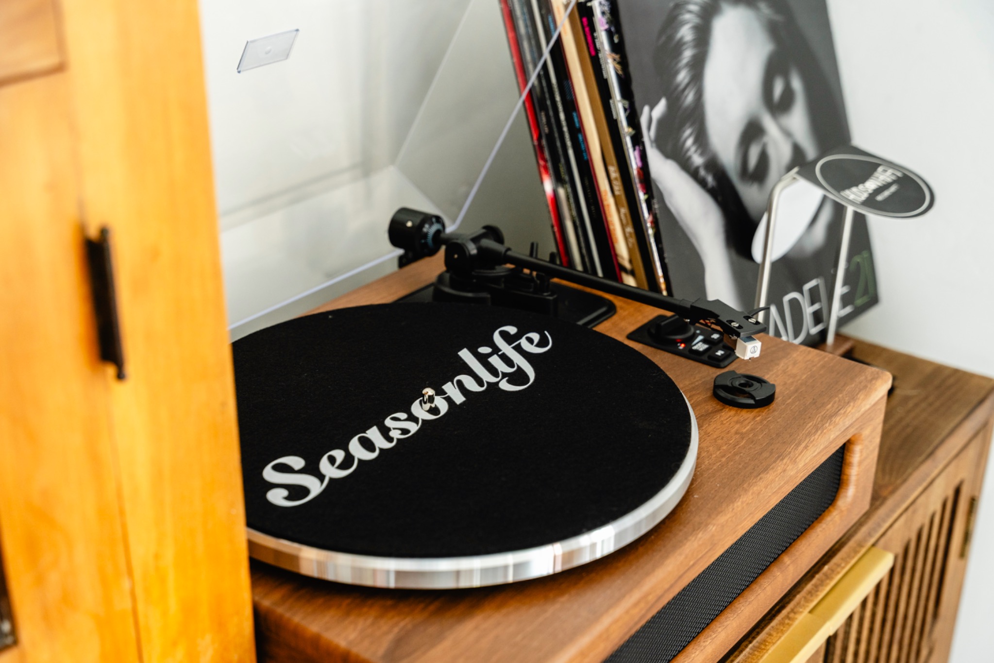 Record player and vinyl collection in the living room